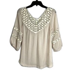 Laffaire Off White Lace Trim Semi Sheer Polka Dot 1/2 Sleeve‎ Boho Blouse Sz SM